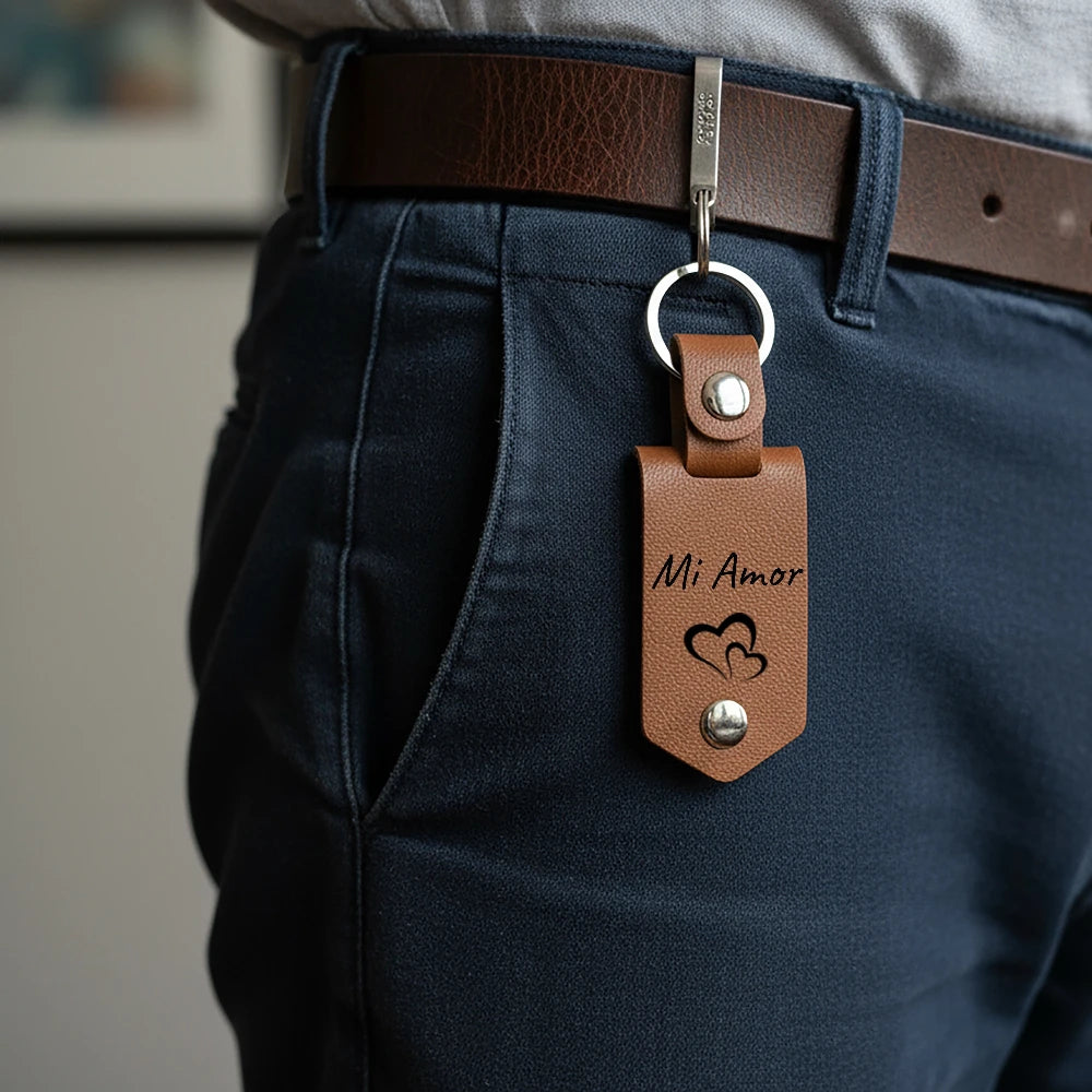 Porte-clés en cuir personnalisé avec photo et gravure – Porte-clés individuel avec texte laser, message émotionnel pour la famille, les amis et les partenaires 