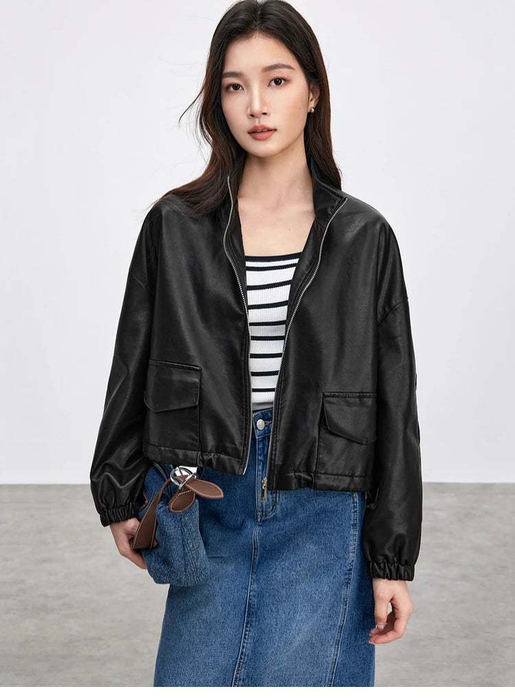 SENTUBILA Damen PU Lederjacke 2025 – Vintage Kurzjacke mit Stehkragen, lockere Kunstlederjacke mit Reißverschluss für Büro & Alltag