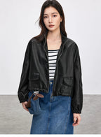 SENTUBILA Damen PU Lederjacke 2025 – Vintage Kurzjacke mit Stehkragen, lockere Kunstlederjacke mit Reißverschluss für Büro & Alltag