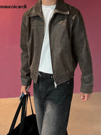Vintage Herren PU-Lederjacke in Braun – Leichte, gewaschene Kurzjacke im Korean Style mit Reißverschluss für Frühling & Herbst