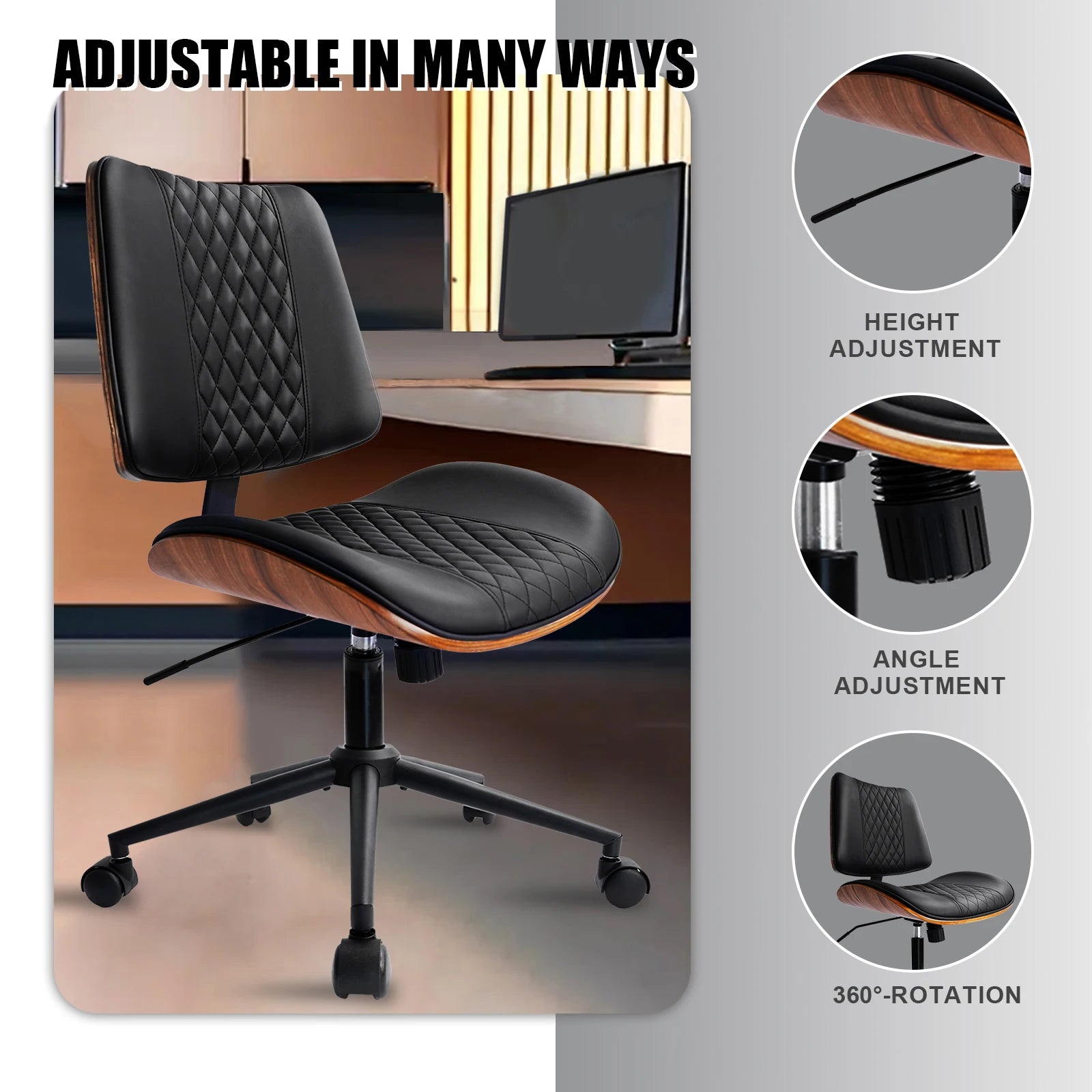 Durrafy Armloser Bürostuhl aus Leder – Moderner Schreibtischstuhl in Walnuss-Optik, höhenverstellbar & drehbar für Homeoffice