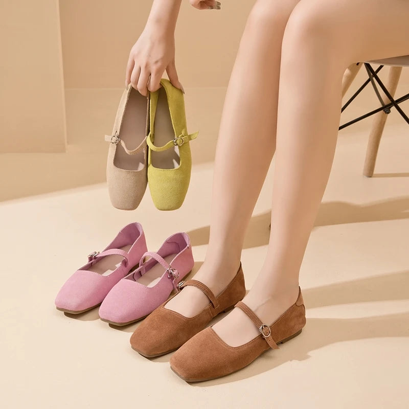 AIYUQI Mary Jane Damen 2025 – Neue Suede Leder Ballerina Flats mit quadratischer Zehenform, rutschfest, bequeme Büroschuhe 