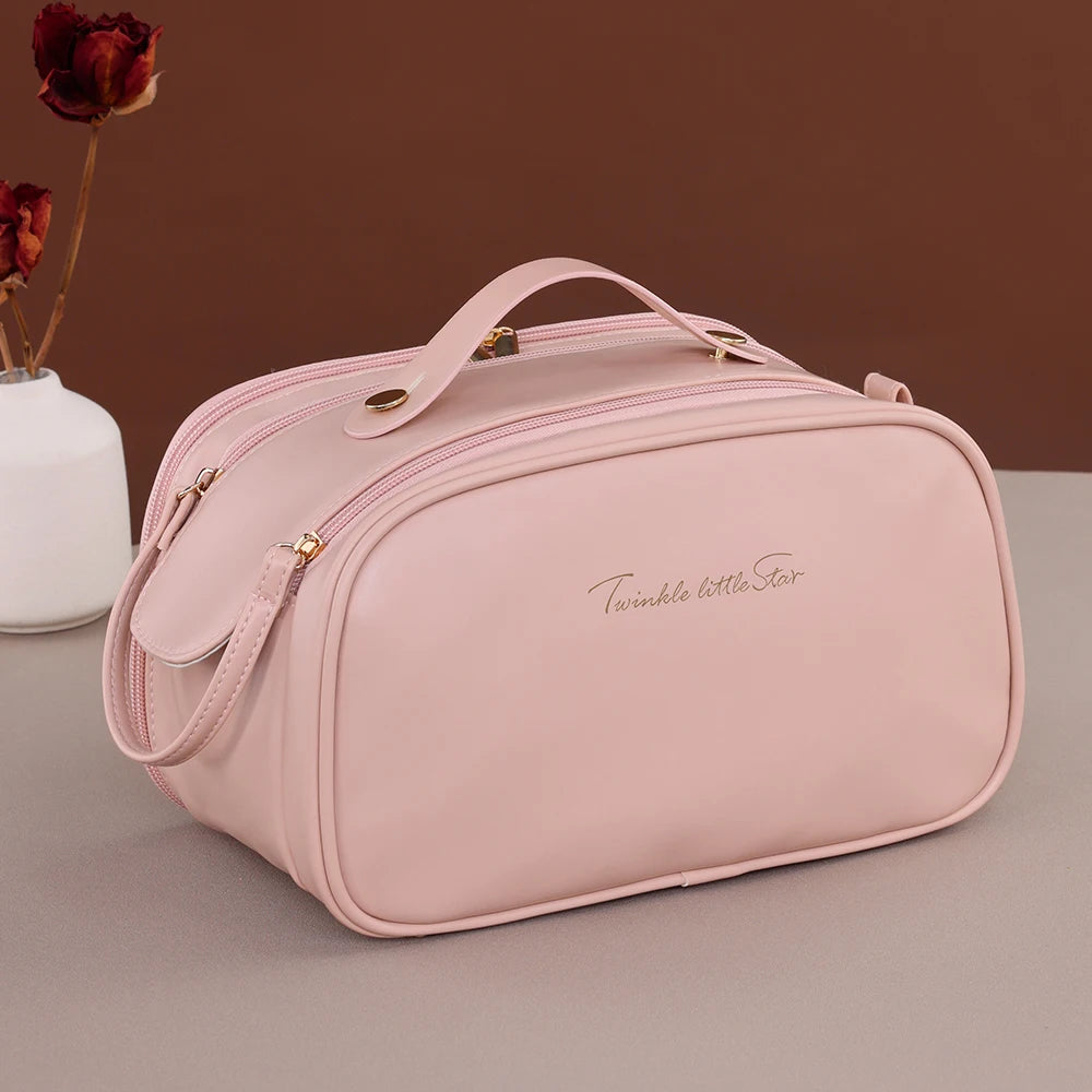 Rosa Kosmetiktasche aus PU-Leder – Fête de l'eau, double sac de maquillage avec une grande taille