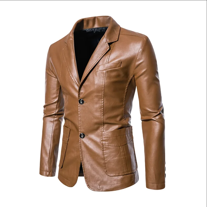 Chaqueta de cuero informal de negocios para hombre, chaqueta de cuero de corte entallado con chaqueta reversible en color negro o caqui hasta tamaño 5XL