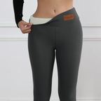 Femme Winter Lederlabel Samt-Leggings Taille Haute – Warme Skinny Stretch Leggings mit Velour-Futter 