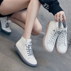 Baskets montantes pour femmes en cuir véritable – Chaussures à lacets avec chaussures vulcanisées, baskets décontractées confortables pour les vacances et les herbes 