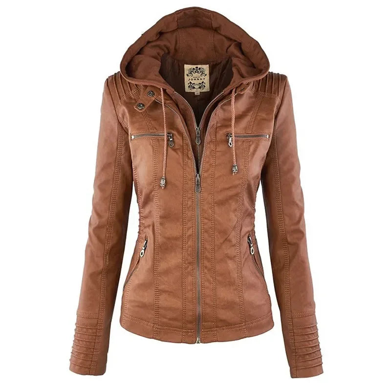 Liva Girl Damen PU Lederjacke 2025 – Basic Motorradjacke mit Kapuze, wetterfeste Kunstleder Winterjacke mit Reißverschluss