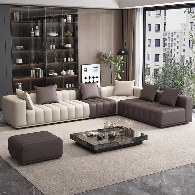 Bodennahes Luxus Leder Ecksofa mit Relaxfunktion – Modernes Lounge Sofa aus echtem Leder im postmodernen Design