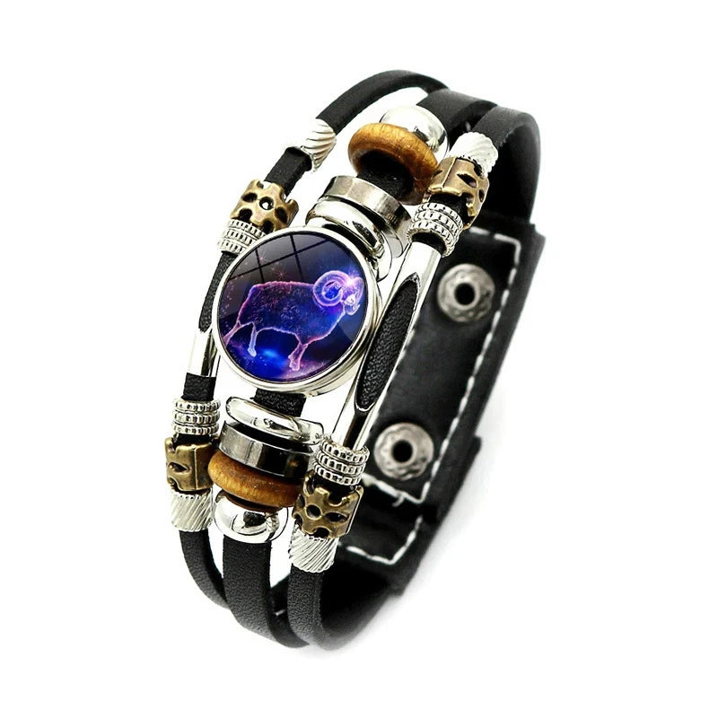 Sternzeichen Lederarmband mit Druckknopf – Zodiac Armband mit Glas-Cabochon für Damen & Herren, 12 Sternzeichen Unisex Schmuck