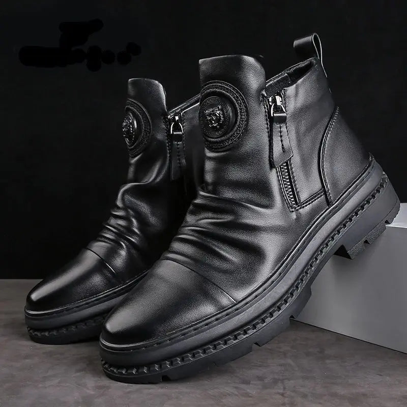 HAOBOYUEQ Herren Motorradstiefel – British Style High-Top PU-Leder Boots mit Rundzehe, Seitenreißverschluss & Plateau
