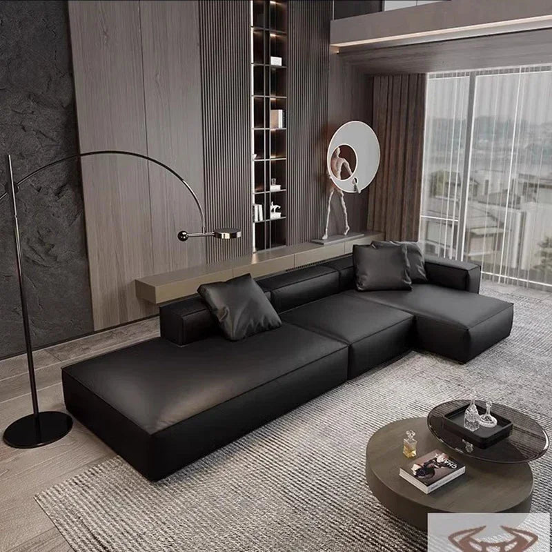 Nordisches Luxus Leder-Ecksofa im minimalistischen Design – Designer Lounge Sofa aus Rindsleder, modernes Relax-Sofa für Wohnzimmer & Salon