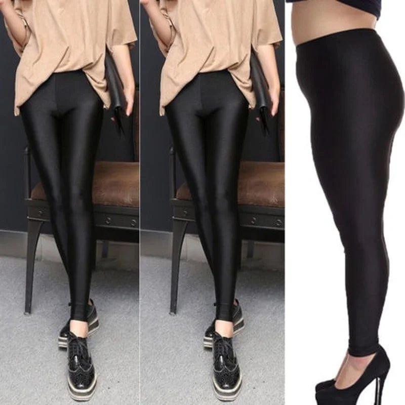 Damen Shiny Lederleggings Skinny Fit – Glänzende V-Waist Leggings mit Stretch, modische Kunstleder Hose