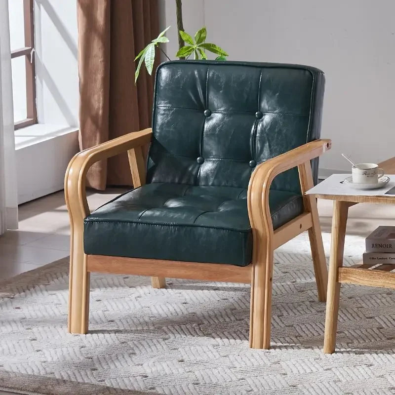 Nordischer Retro Holzstuhl mit Armlehnen – Minimalistischer Wohnzimmerstuhl aus Massivholz mit Lederbezug, Moderner Lounge- &amp; Sesselstuhl
