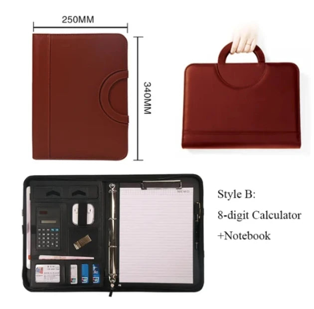 A4 PU-Leder Business Dokumententasche mit Reißverschluss & Taschenrechner – Konferenzmappe mit Griff | Tragbare Aktenmappe & Tablet-Organizer fürs Büro