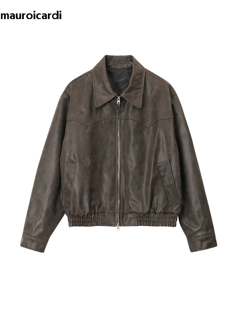Vintage Herren PU-Lederjacke in Braun – Leichte, gewaschene Kurzjacke im Korean Style mit Reißverschluss für Frühling & Herbst