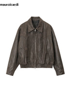 Vintage Herren PU-Lederjacke in Braun – Leichte, gewaschene Kurzjacke im Korean Style mit Reißverschluss für Frühling & Herbst