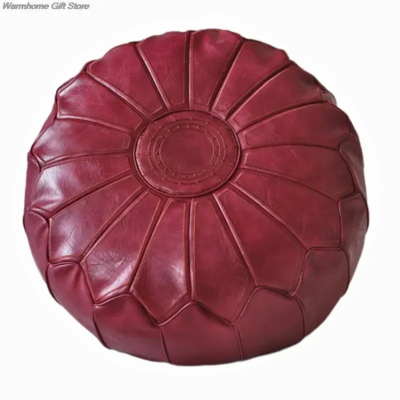 Marokkanischer PU Leder Pouf 58 cm – Handgefertigtes Meditationskissen & Ottoman mit Stickerei, rund, ungefüllt