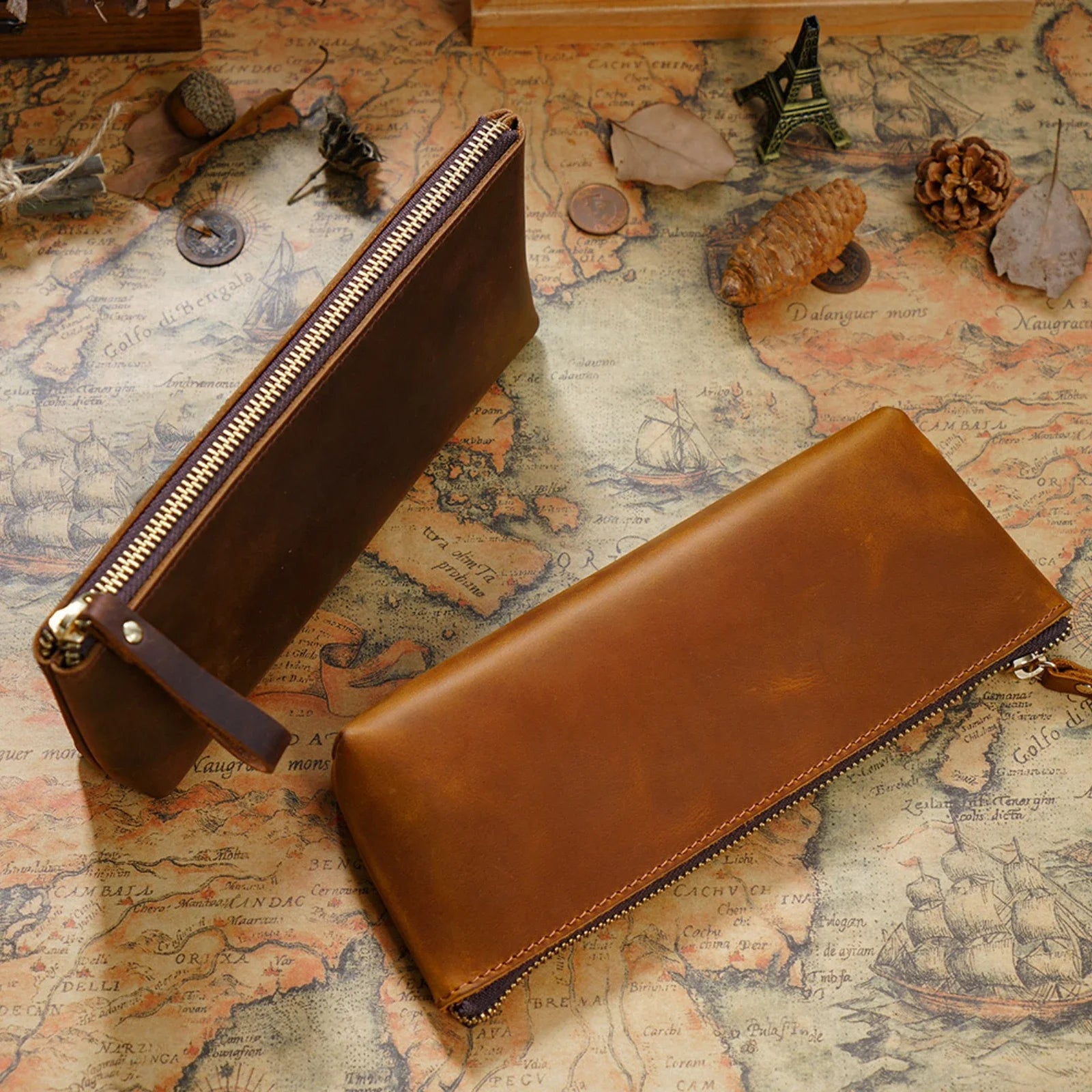 Echtes Leder Stifteetui mit Reißverschluss – Estuche grande para bolígrafos, revistas y bolígrafos