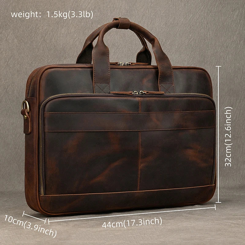 Luufan Herren Leder-Aktentasche - Maletín de cuero Vintage Crazy Horse para portátil de 15,6", bolso bandolera grande para negocios