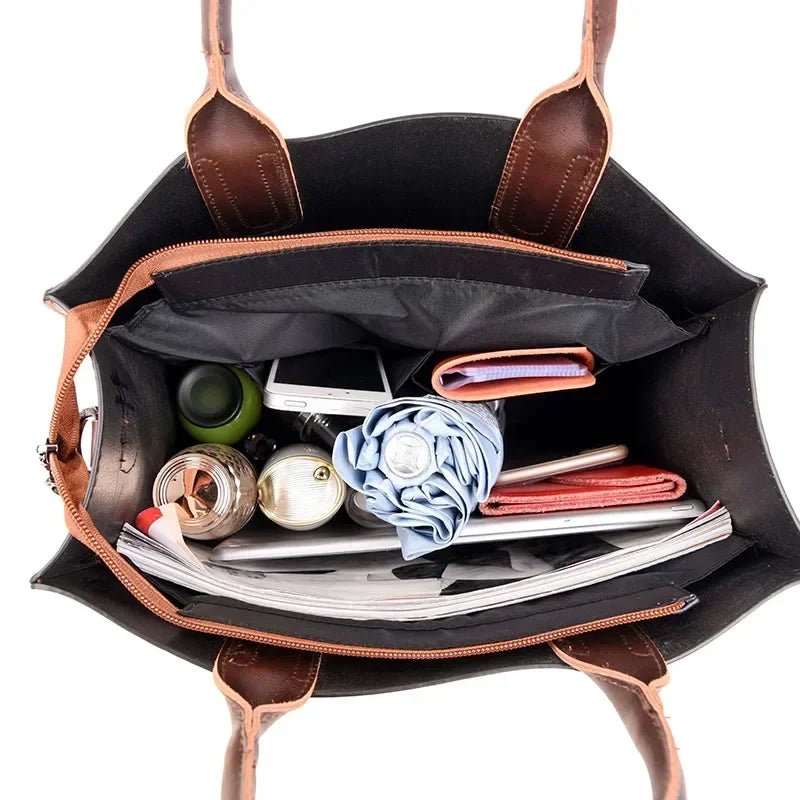 Vintage Damen Tote Bag aus Oil-Skin-Leder – Große Casual Schulter- & Crossbody-Tasche im europäischen Stil mit Reißverschluss