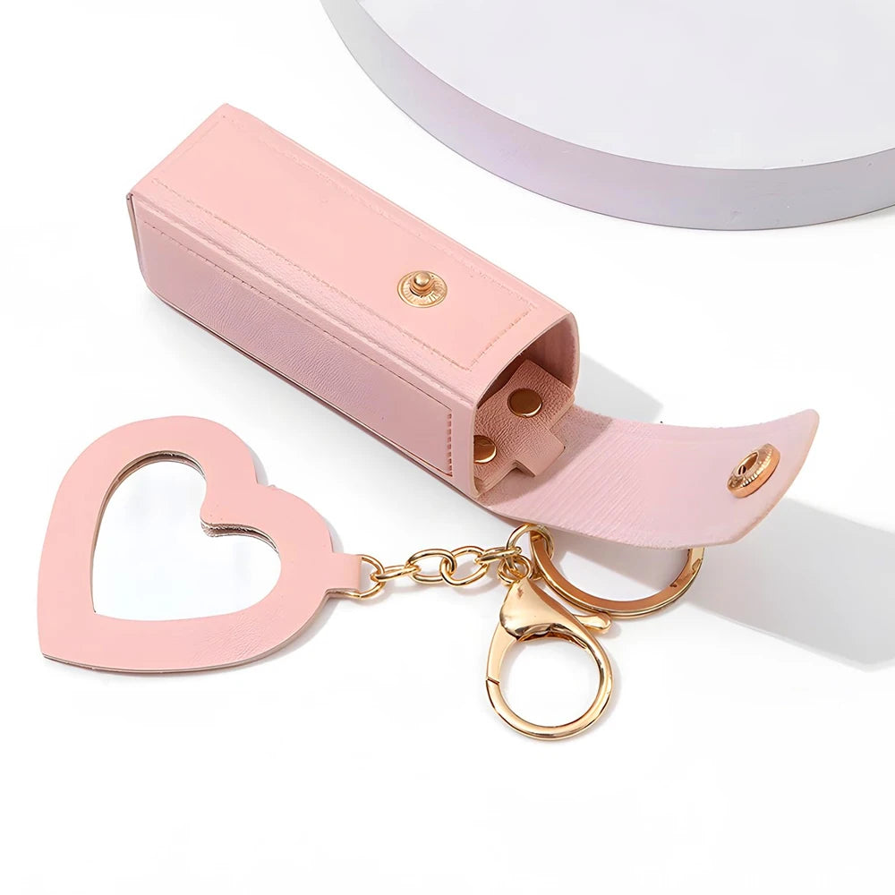 Tragbarer Lippenstifthalter aus PU-Leder mit herzförmigem Spiegel – Eleganter Schlüsselanhänger & Handtaschen-Accessoire für Damen & Mädchen