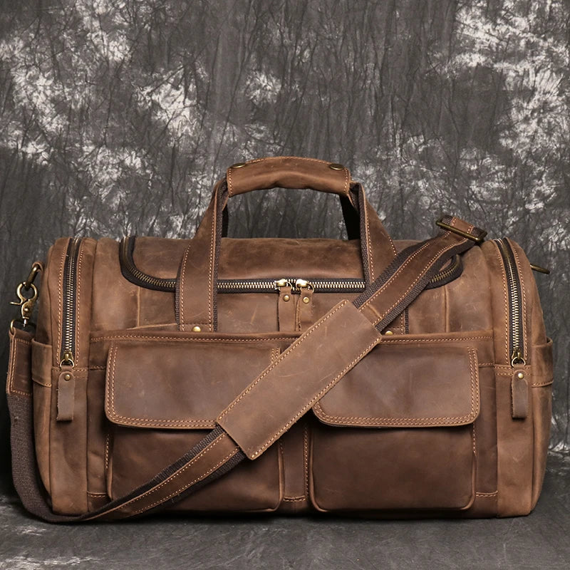 LEATHFOCUS Herren Leder Reisetasche Vintage – Große Crazy Horse Travel Bag aus vollnarbigem Rindsleder, Business- &amp; Weekender Tasche Braun