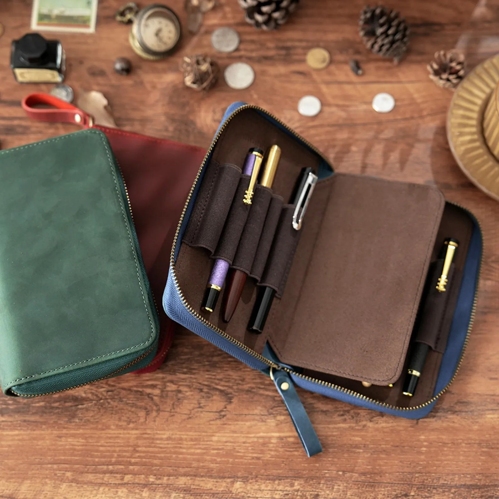 Echte Leder Füllfederhalter-Mappe mit Reißverschluss – Stifteetui mit 10 Fächern & großer Kapazität für Büro & Schule