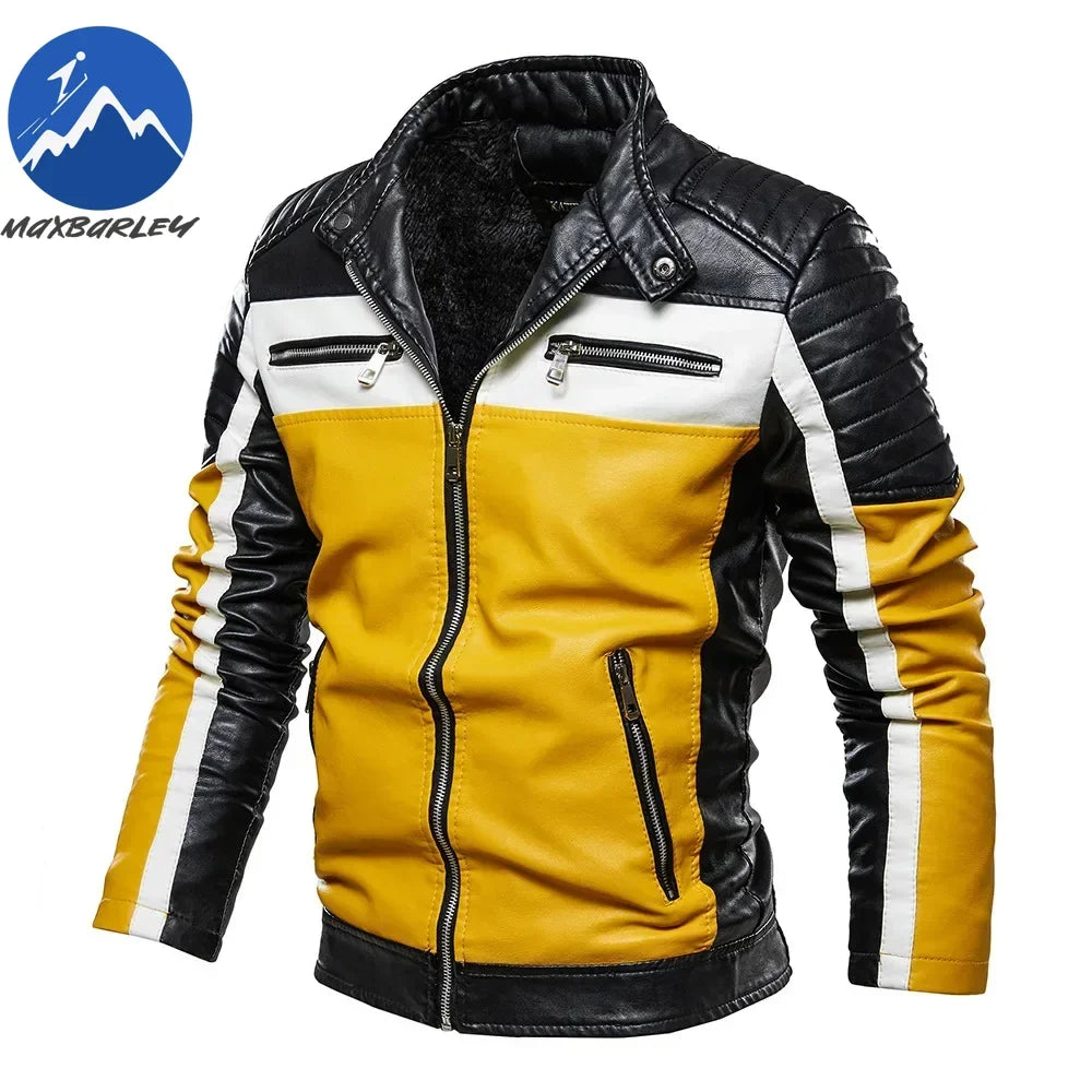 Chaqueta de cuero sintético amarillo para hombre, chaqueta de motociclista con parches, abrigo informal con cremallera, chaqueta de motociclista ajustada con forro de piel