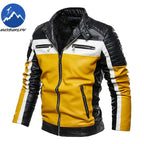 Chaqueta de cuero sintético amarillo para hombre, chaqueta de motociclista con parches, abrigo informal con cremallera, chaqueta de motociclista ajustada con forro de piel