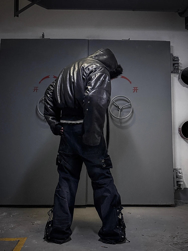 Herren Oversized PU-Lederjacke mit Kunstfell-Kapuze – Kurze High-Street Designer Jacke, warm & luxuriös für Herbst & Winter