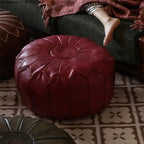 Marokkanischer PU Leder Pouf 58 cm – Handgefertigtes Meditationskissen & Ottoman mit Stickerei, rund, ungefüllt