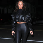 SITMCF Damen Kurzjacke aus PU Leder – Schwarze Hooded Cropped Jacket mit Reverskragen, Streetwear Style für Frühling & Herbst