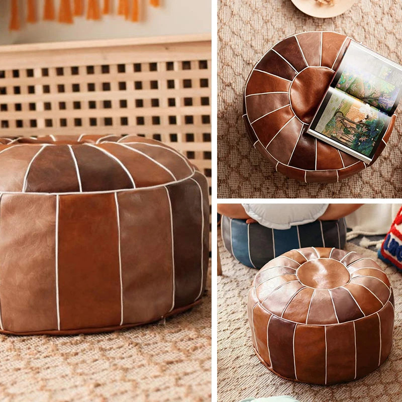 Marokkanischer PU Leder Pouf mit Stickerei – Großer runder Ottoman & Fußhocker 50×35 cm, ungefüllt, handgefertigt