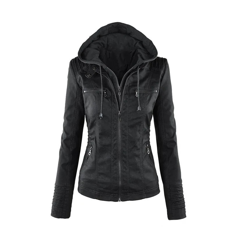 Liva Girl Damen PU Lederjacke 2025 – Basic Motorradjacke mit Kapuze, wetterfeste Kunstleder Winterjacke mit Reißverschluss