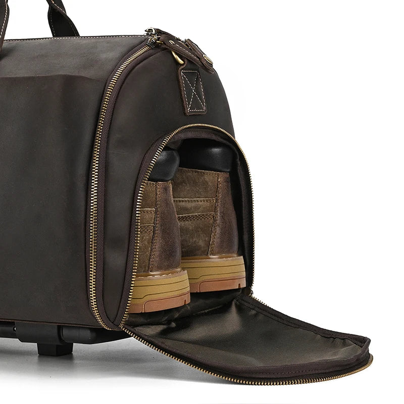 Luufan Business Leder Trolley Reisetasche mit Rollen - Haute qualité Crazy Horse Echtleder Reisetasche für Herren mit Schuhfach &amp; Kleidersack 
