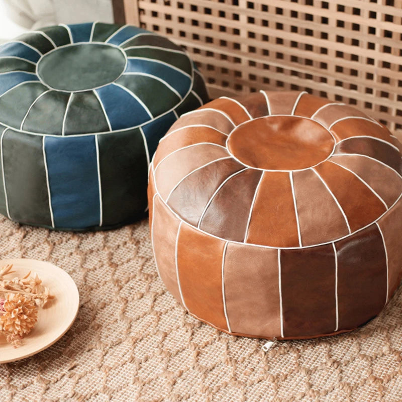 Marokkanischer PU Leder Pouf Bezug – Runde & rechteckige Ottoman-Hülle mit Stickerei, ungefüllt, 50 cm für Wohnzimmer & Futon