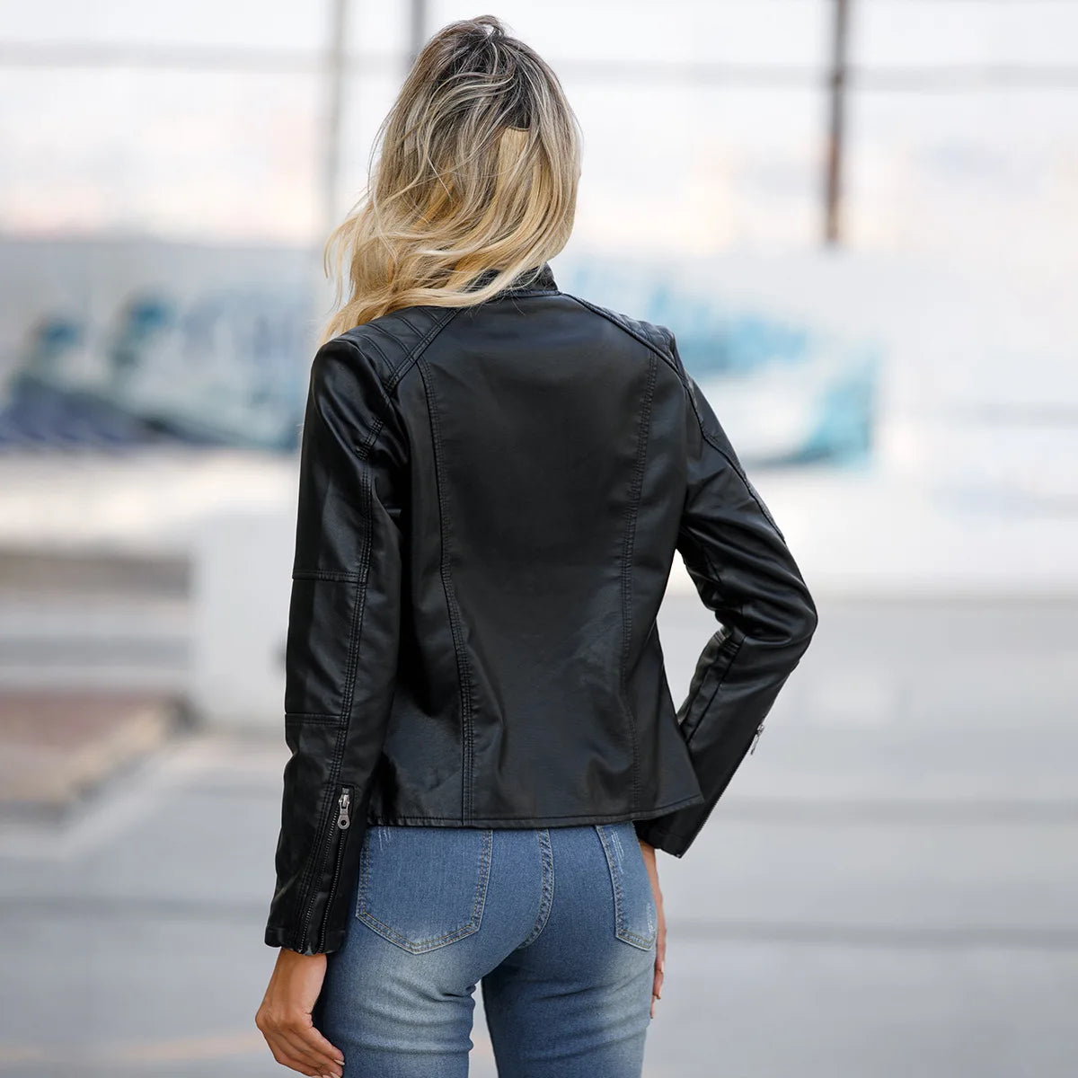 Damen PU Lederjacke 2025 – Bikerjacke mit Stehkragen, Schwarze Casual-Motorjacke für Frühling & Herbst