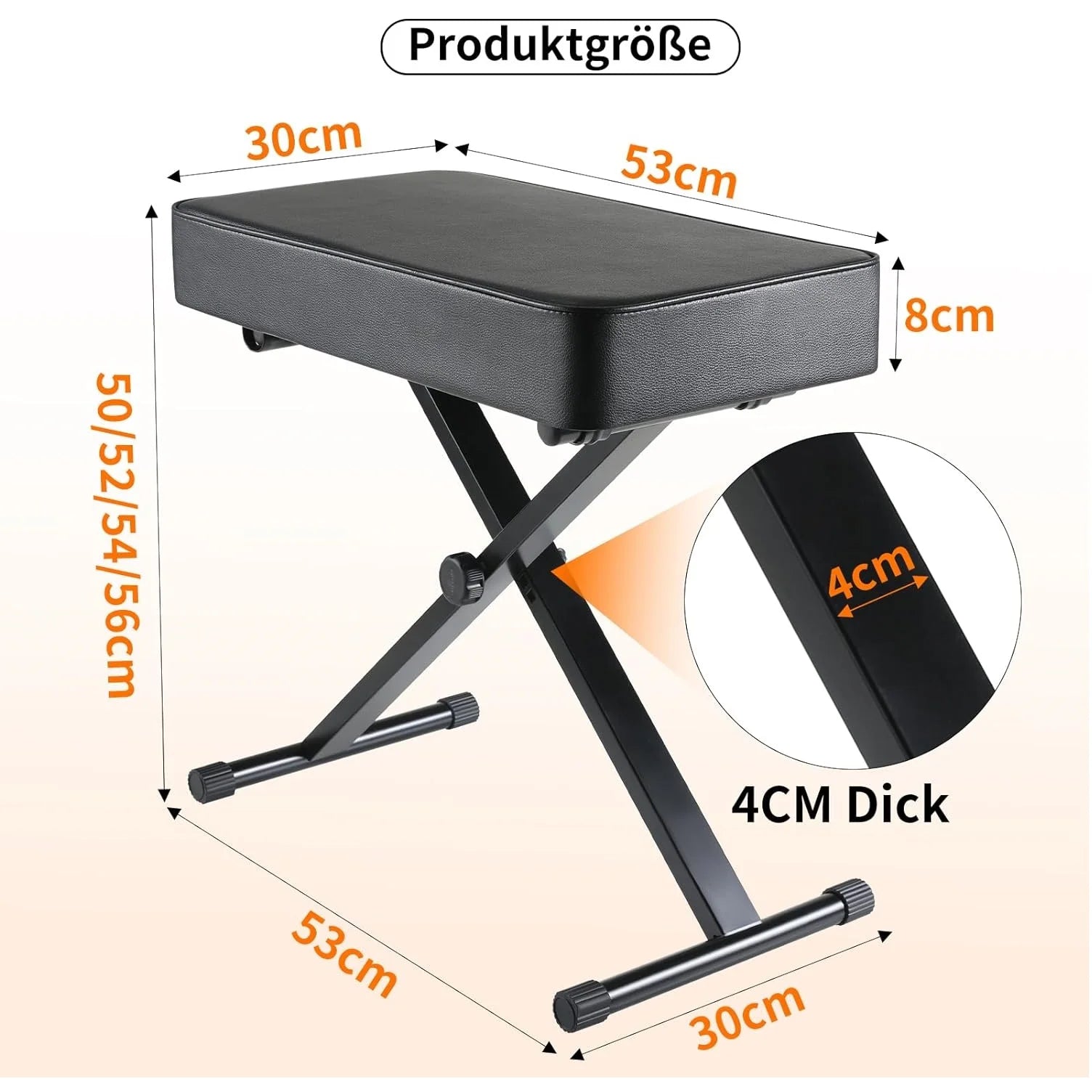 Klappbarer Klavierhocker mit 8 cm PU-Polster – Höhenverstellbarer X-Keyboard-Stuhl in Schwarz, stabil & komfortabel