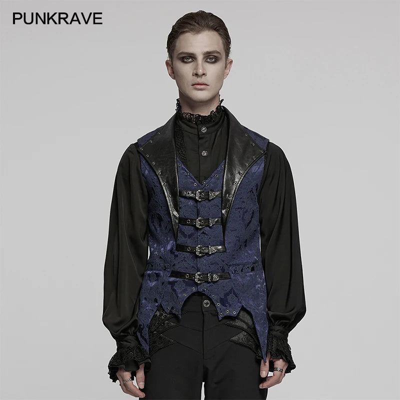 PUNK RAVE Herren Gothic Lederweste – Jacquard Lapel Waistcoat mit Fledermaus-Saum, Edle Slim Fit Weste für Party & Dark Fashion