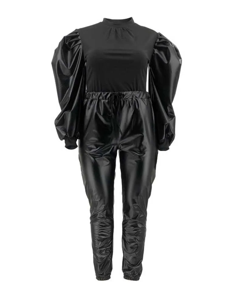 Damen Plus Size Zweiteiler Herbst &amp; Winter - Conjunto de patchwork de PU &amp; Strick mit Oberteil und Lederlook-Hose, Große Größen 2XL–5XL