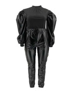 Damen Plus Size Zweiteiler Herbst &amp; Winter - Conjunto de patchwork de PU &amp; Strick mit Oberteil und Lederlook-Hose, Große Größen 2XL–5XL