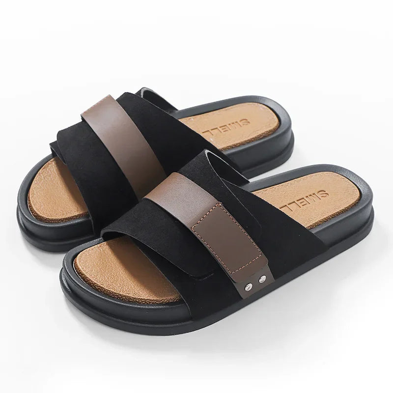 YBQJOO Herren Lederslipper 2023 – Sommerliche Outdoor-Slides, Dicksohlige Casual Sandalen, Bequeme Business- & Freizeit-Hausschuhe