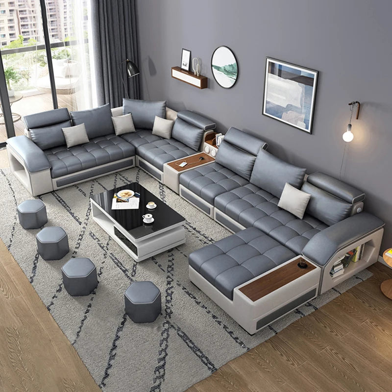 Modernes U-förmiges Sofa-Bett en Leder &amp; Samt – 7-teiliges Designer Wohnlandschaft-Set pour un confort élevé 