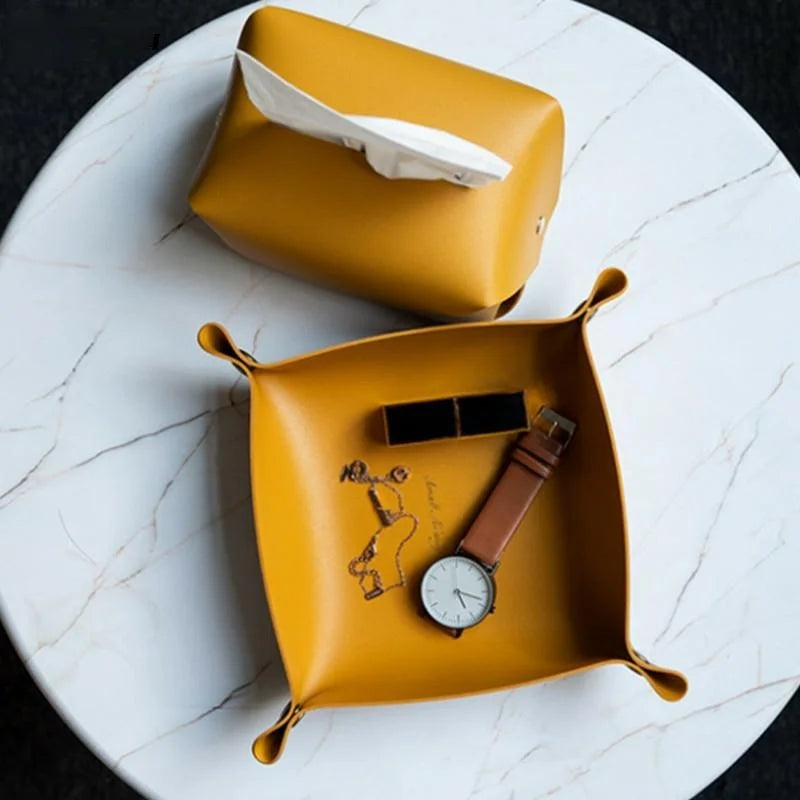 Nordic PU-Leder Ablageschale – Faltbarer Desktop Organizer für Schlüssel, Schmuck & Kosmetik | Rundes Design