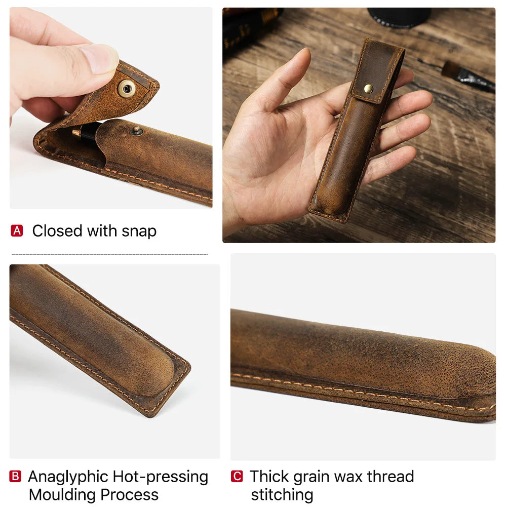 Handgefertigter Stiftehalter aus Rindsleder – Estuche para bolígrafos de cuero Crazy Horse para 1–3 Stifte, Lederetui retro para la escuela y la oficina 