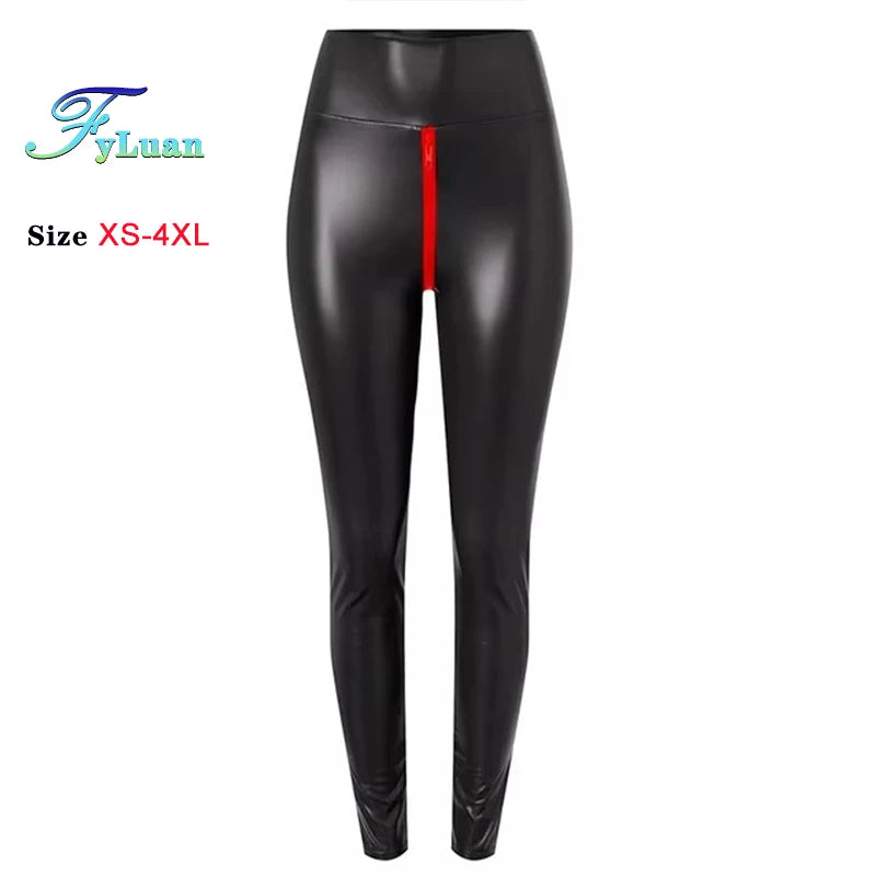 Dames PU Lederleggings Taille Haute – Mat Push-Up Leggings mit Doppelreißverschluss, Stretch &amp; Knöchellänge 