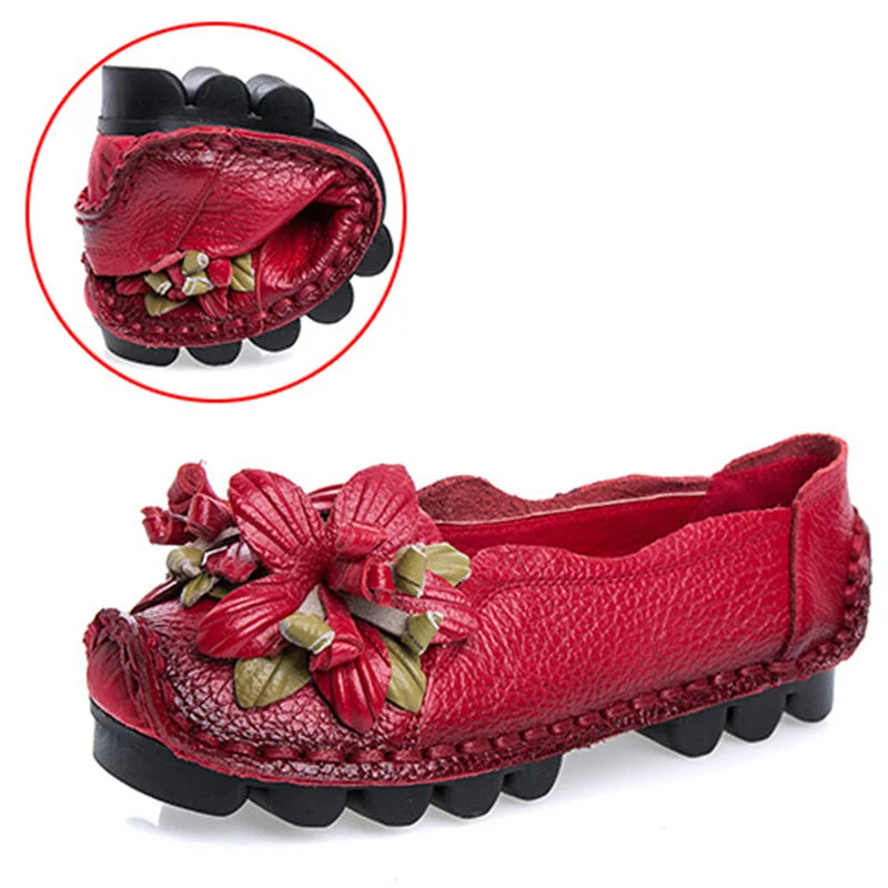 WOIZGIC Damen Flats BC-589 – Handgefertigte Ledermokassins mit Blumen, Mocassins à enfiler, Rétro et grande taille