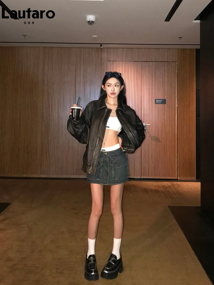 Lautaro Damen Oversized PU Lederjacke – Retro Vintage Kunstlederjacke im Used Look, lässige Zipper-Jacke für Frühling & Herbst