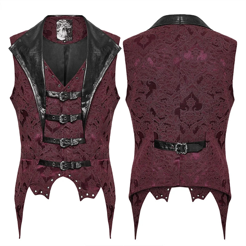 PUNK RAVE Herren Gothic Lederweste – Jacquard Lapel Waistcoat mit Fledermaus-Saum, Edle Slim Fit Weste für Party & Dark Fashion