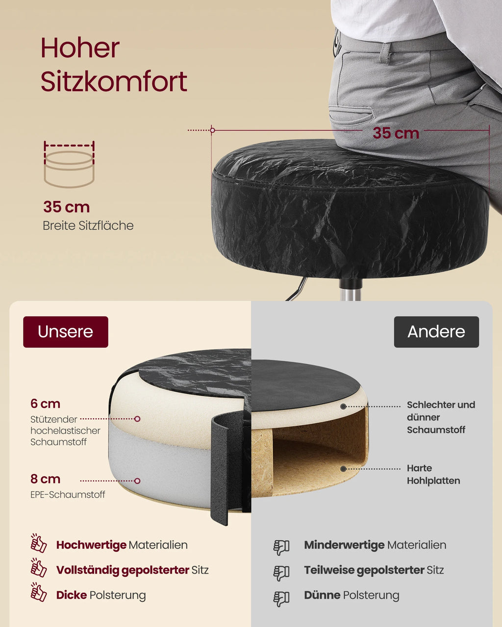 VASAGLE Make-up Hocker aus PU-Leder – Höhenverstellbarer 360° Drehstuhl mit extra dicker Polsterung für Schlafzimmer & Schminktisch
